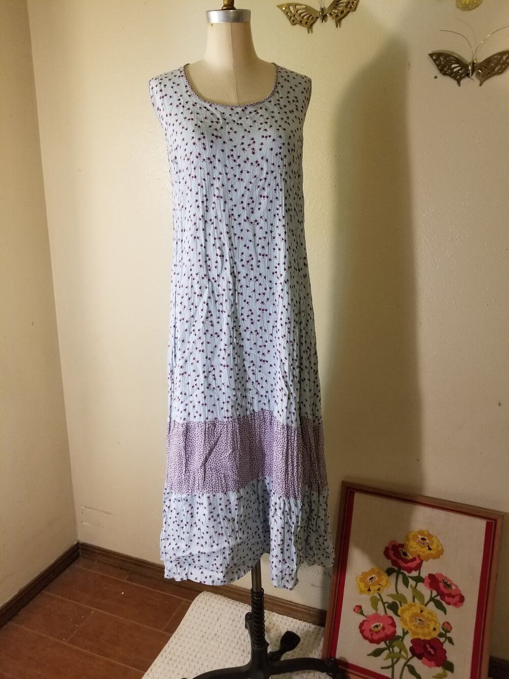 Vintage 90s Victoria Holley Floral Crinkle Rayon Tiered Maxi Dress Petite Medium